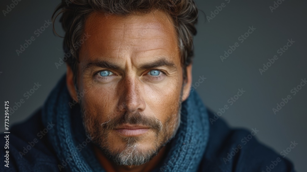 A man in a scarf gazes intently at the camera with a grave expression A man in a scarf gazes intently at the camera with a grave expression
