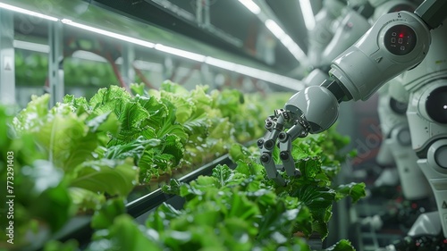Indoor vertical farm with robots tending to lush green lettuce leaves