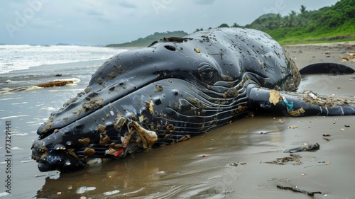 A whale stranded on the beach with a ruptured stomach and rubbish in its stomach died. world ocean day world environment day Virtual image.