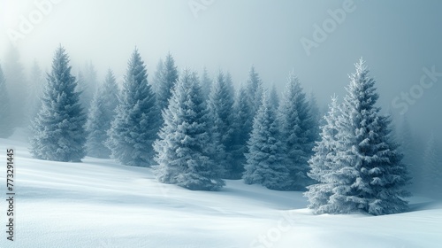  A row of snow-covered evergreens in a misty, blue-toned landscape with snow-dusted ground