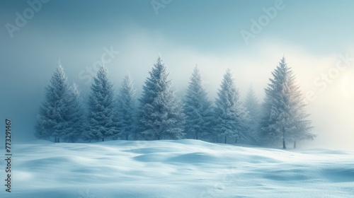   A snow-covered landscape featuring pine trees in the foreground and a foggy, distant sky in the background © Mikus