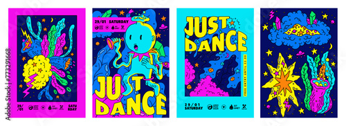 Abstract posters. Just dance. Funny simple art elements in cute summer kids style. Cartoon psychedelic design. Surreal flowers and leaves. Disco party. Trendy colorful banners vector set