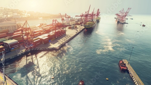 Aerial view of international port with Crane loading containers in import export business logistics, 16:9 photo