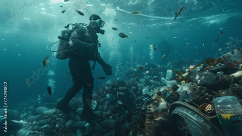 Divers collect garbage under the sea . world ocean day world environment day Virtual image. © Tong