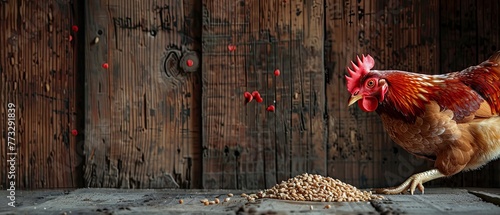 A rustic scene of a chicken pecking at grains scattered on a wooden barn floor photo