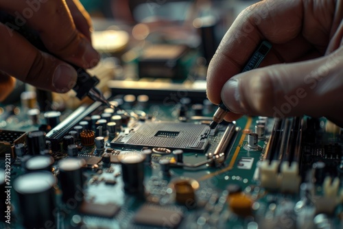 Close-up of a technicians hand soldering components on a motherboard emphasizing precision and skill