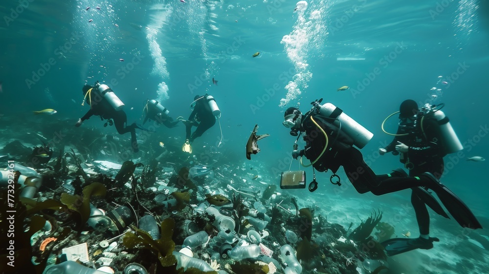 Divers collect garbage under the sea . world ocean day world environment day Virtual image. Divers collect garbage under the sea . world ocean day world environment day Virtual image.