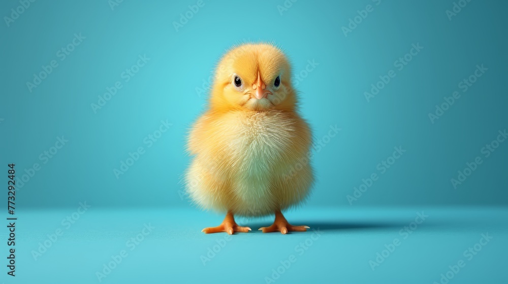  A small yellow chicken sits atop a blue floor, near a blue wall, with a sad expression