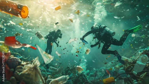 Divers collect garbage under the sea . world ocean day world environment day Virtual image.