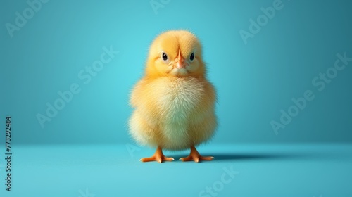   A small yellow chicken sits atop a blue floor  near a blue wall  with a sad expression