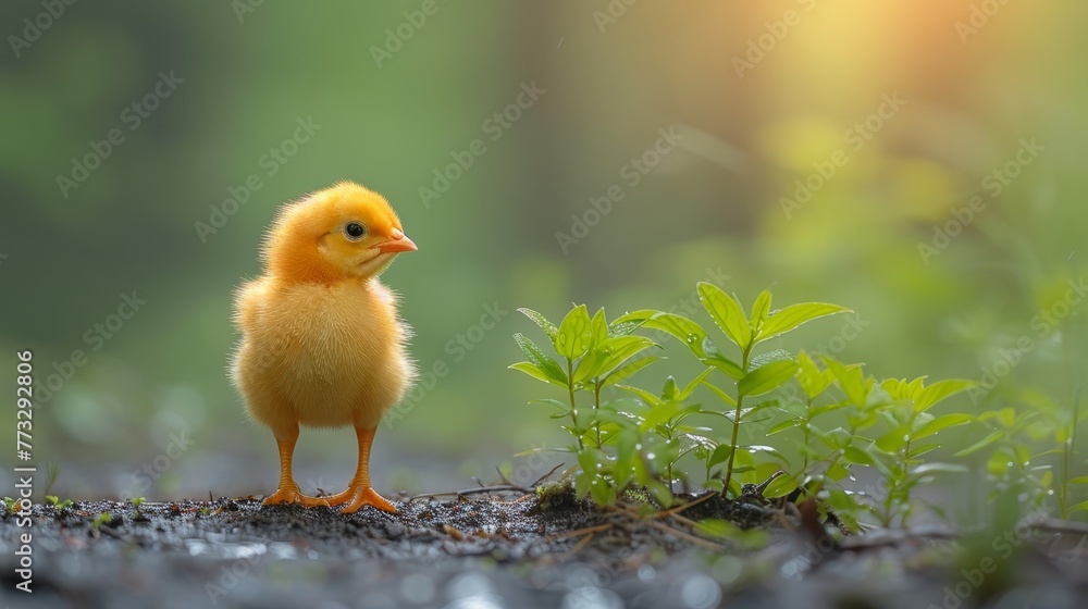  A small, yellow chicken stands atop a patch of dirt Nearby, a green leafy plant grows on the ground