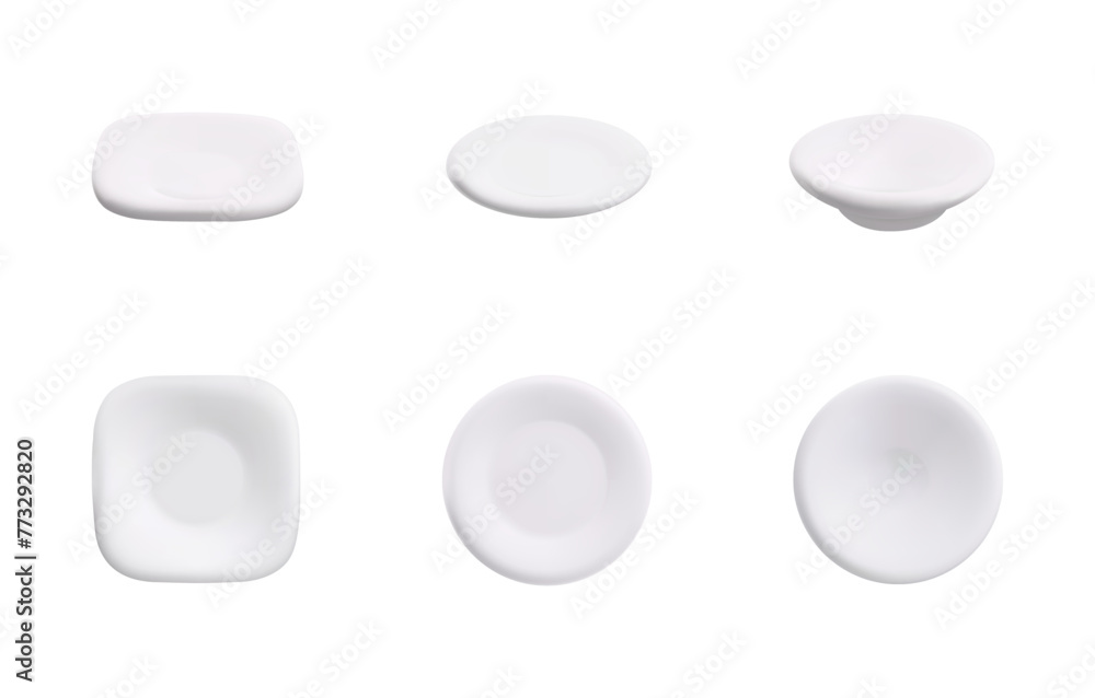 White plates 3D vector set, realistic plastic or ceramic food dish, kitchenware square round shapes, soup bowl utensils