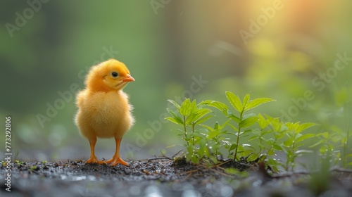   A small, yellow chicken stands atop a patch of dirt Nearby, a green leafy plant grows on the ground © Mikus