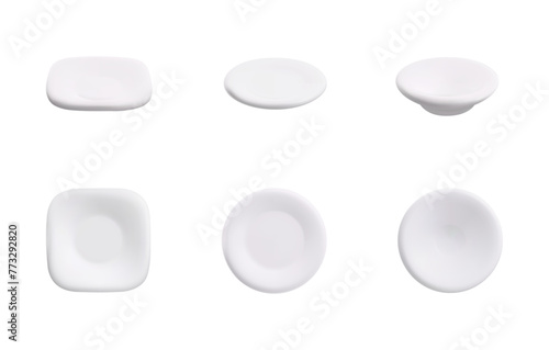 White plates 3D vector set, realistic plastic or ceramic food dish, kitchenware square round shapes, soup bowl utensils
