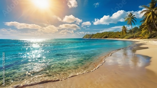 Closeup sea sand beach. Panoramic beach landscape. Inspire tropical beach seascape horizon. golden sunset with blue sky, calmness tranquil relaxing sunlight summer mood. Vacation travel holiday banner