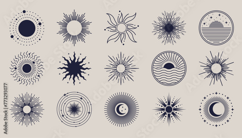 Sun logo. Boho line yoga logotype, moon and sunset ray elements, bohemian art sunrise or mystic zodiac sunburst. Outline emblem or label design. Minimal style. Vector isolated bohemian icons