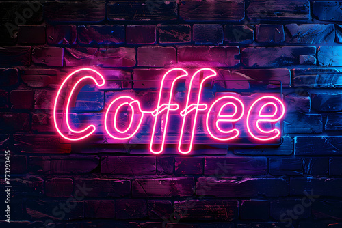 Coffee text neon light shaped on background.