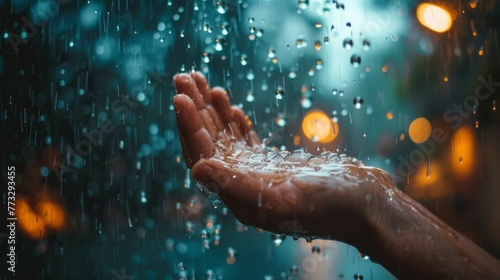 Water pouring and splash in woman hand on nature background, earth day, environment issues 
