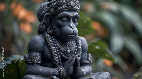  A monkey statue sits atop a lush, verdant forest, surrounded by numerous leafy green plants