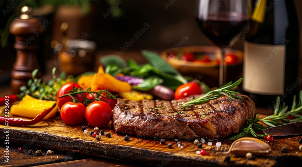   A tight shot of a steak on a cutting board, surrounded by a glass of wine and a bottle in the background