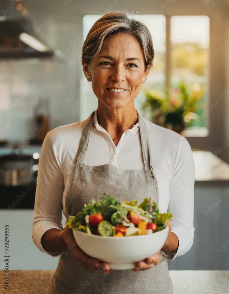  Aged woman smiling happily and holding a healthy vegetable salad bowl on blurred kitchen background, with copy space 