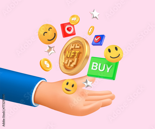 Crypto coins. 3D hand. Buy NFT tokens. Digital currency on palm. Golden money for virtual invest trade or artist payment. Creative art. Emoticon symbols. Vector cryptocurrency concept