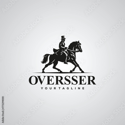 silhouette logo of noble man wearing hat and coat riding a horse on white background