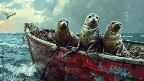 Seals caught in fishing nets on boats world ocean day world environment day Virtual image photo