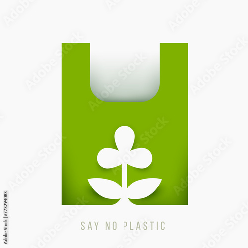 Silhouette of plastic or cellophane bag with plant. Creative 3d paper cut style. Save planet composition. Modern ecology concept art. Abstract minimal vector illustration.