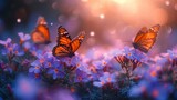   A group of butterflies flies above a field of blue and purple blooms, backed by a brilliant light