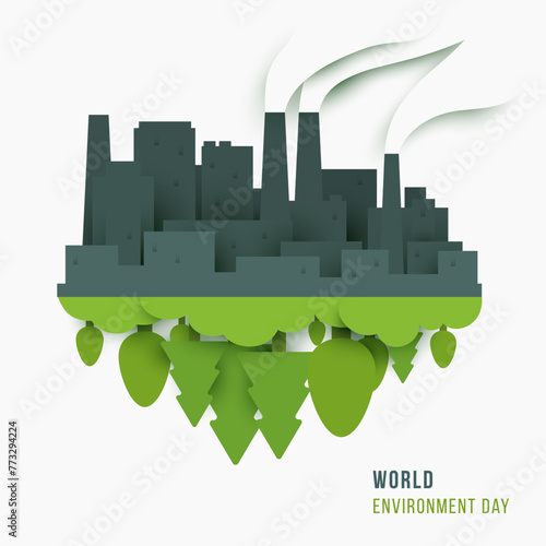 Silhouette of gray city houses from above and green clean nature from below. Creative 3d paper cut style. Save planet composition. Modern ecology concept art. Abstract minimal vector illustration.