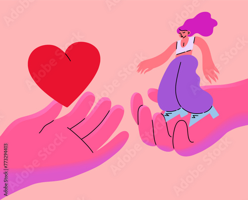 Help hand. Share and donate. Love heart on human palm. Woman empathy and charity compassion. Friends social support. Arms giving hope to girl. Generosity and assistance. Vector concept