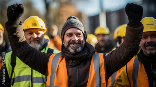 Construction workers smiling in yellow vests and vests raise their hands in the air at construction site,generative ai