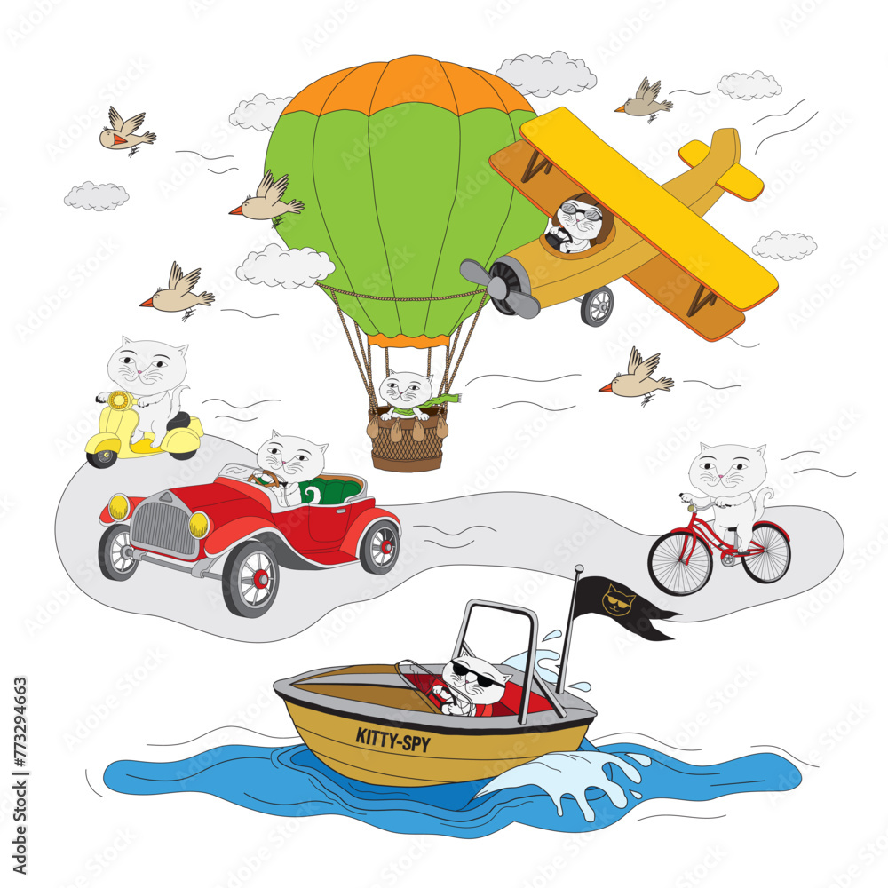 Naklejka premium Cute cartoon style set of adventurous cats
