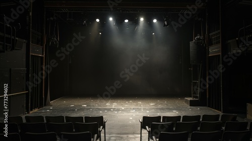 empty stage of a small blackbox theater