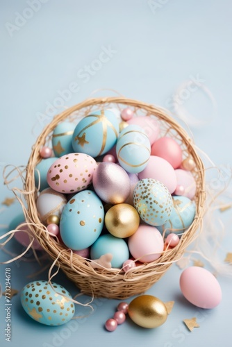 Blue Basket with Easter Eggs and Colorful Decoration, Featuring Delicate Gold Detailing