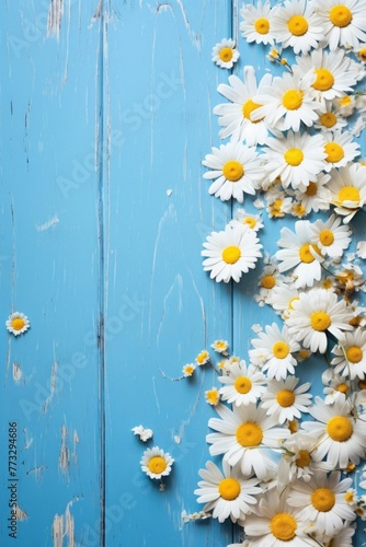 white daisies and yellow flowers on blue wooden background © yganko