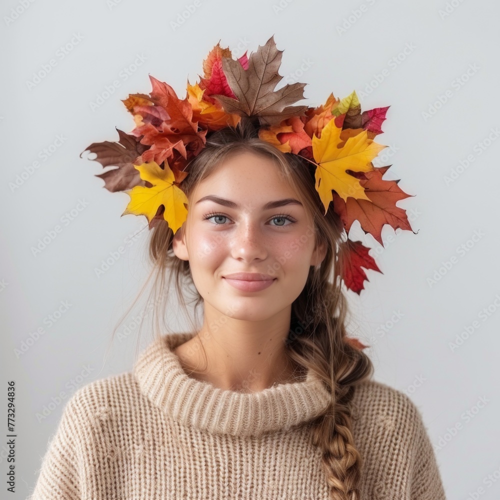 Young Beautiful Woman Smiles at Camera with Bright Autumn Leaves Woven into Hair, Isolated on White Background