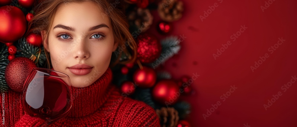 A woman in a red sweater holds a glass of red wine against a red backdrop adorned with Christmas decorations A woman in a red sweater holds a glass of red wine against a red backdrop adorned with Christmas decorations