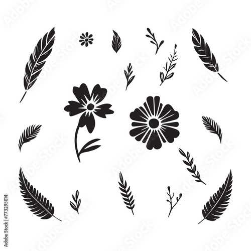 set of black and white leaves  flowers icon  