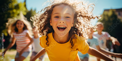 Cheerful children frolicking together in summer park. International Children's Day concept