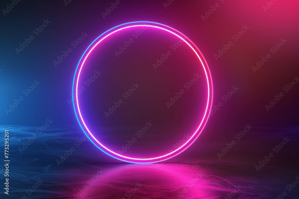 A bright neon ring casts a glowing reflection on a sleek, dark abstract surface, invoking a sense of high-tech elegance. A bright neon ring casts a glowing reflection on a sleek, dark abstract surface, invoking a sense of high-tech elegance.