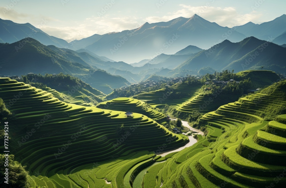 rice terraces in vietnam in the sunset