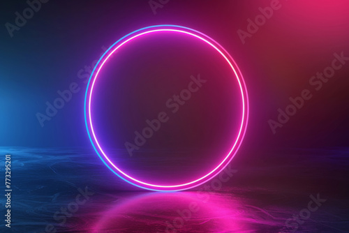 A bright neon ring casts a glowing reflection on a sleek, dark abstract surface, invoking a sense of high-tech elegance.