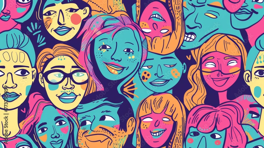 Funny seamless pattern with hand drawn faces of happy young people, 