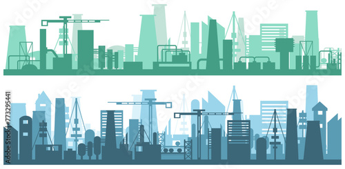 Artistic design silhouette industrial factory. Manufacturing industrial plant, factory silhouette, building of enterprise scene, manufacture industry exterior. Vector illustration