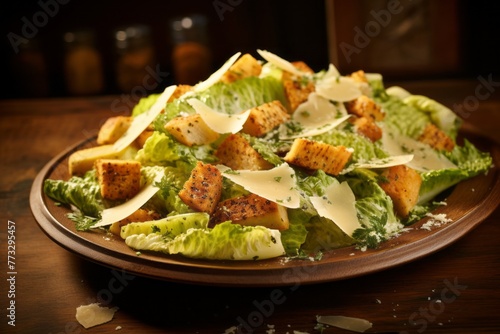 Juicy caesar salad on a porcelain platter against a natural brick background