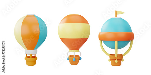 Set of various hot air balloons with basket 3D vector set, cartoon render aerostats, air transport plastic toys