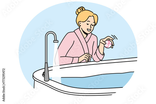 Happy woman in bathrobe throw bath bomb to bathtub. Smiling girl enjoy warm bath at home. Hygiene and beauty procedures. Vector illustration.