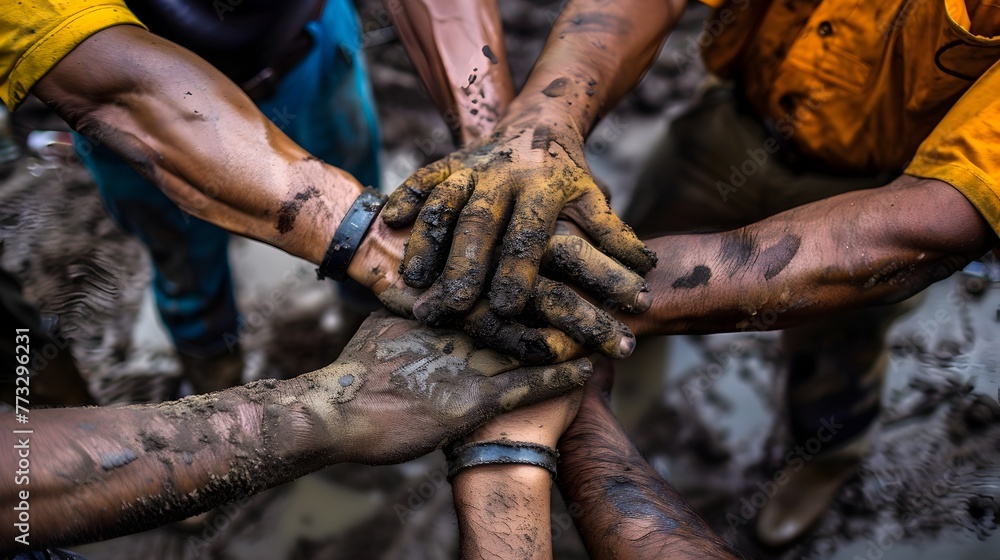 Stacked Hands of Hardworking Laborers Showcasing Strength and Solidarity on a Construction Site Stacked Hands of Hardworking Laborers Showcasing Strength and Solidarity on a Construction Site
